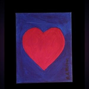Red Heart on Blue Canvas Art Wall Decor Signed 8x10"